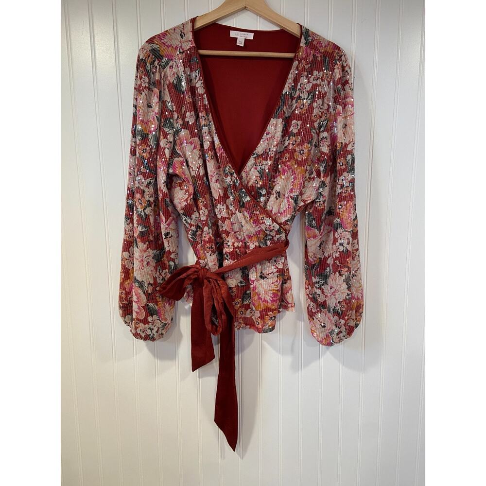 LC Lauren Conrad Blouse Women's Size XL Floral Faux Wrap Elastic, Velvet, Spring